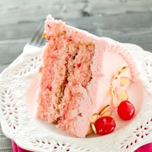 If you love cherries, you'll love this Cherry Almond Cake. 100% from scratch with a maraschino cherry frosting.