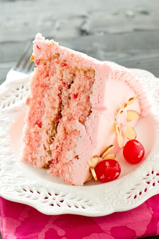If you love cherries, you'll love this Cherry Almond Cake. 100% from scratch with a maraschino cherry frosting.