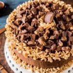 A large chocolate cake on a plate, with reese's and peanut butter