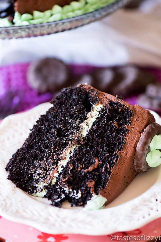Slice of dark chocolate cake recipe with mint buttercream inside.