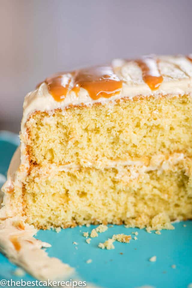 Moist yellow buttery brown sugar cake is the base to this salted caramel cake