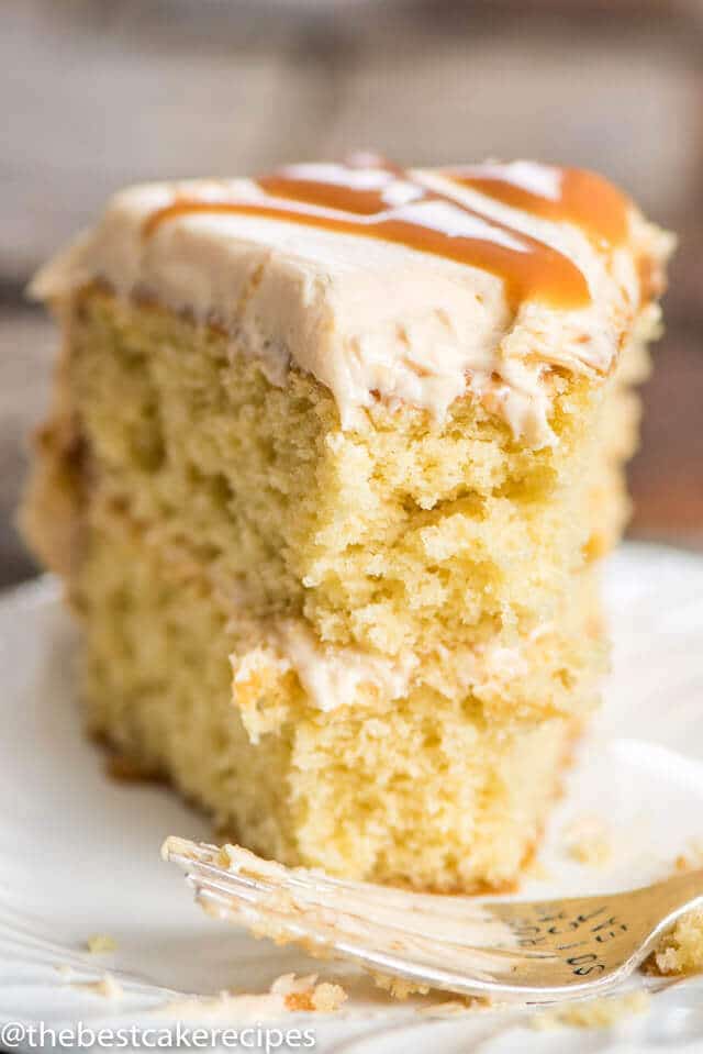 Deep, buttery-flavored brown sugar cake is the base of this from-scratch salted caramel cake. Top with homemade salted caramel frosting.