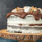the best s'mores cake on a cake plate