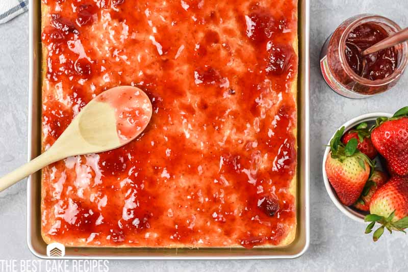 sheet cake with strawberry jam