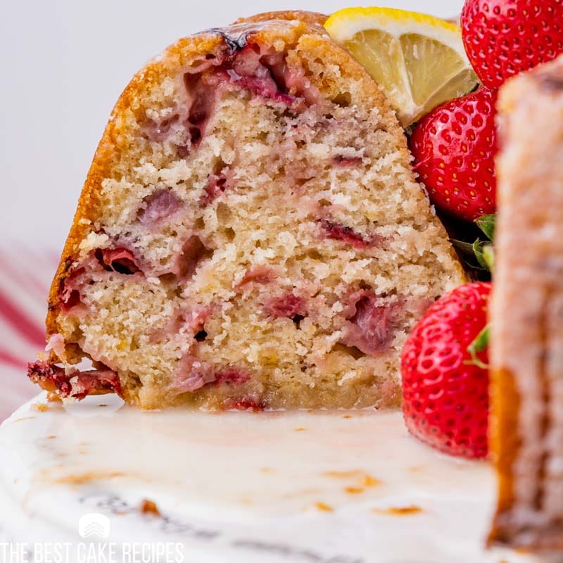 closeup of strawberry bundt cake
