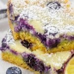 Only 10 minutes prep and this Gooey Blueberry Lemon Butter Cake will be baking! Semi-homemade dessert recipe with fresh blueberries and a sprinkling of powdered sugar.
