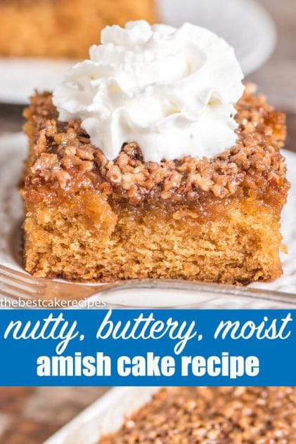 An easy, 1-bowl, 9x13 cake with that is extra moist. This Amish cake recipe has a butter, brown sugar & nut topping that bakes into the top of the cake.