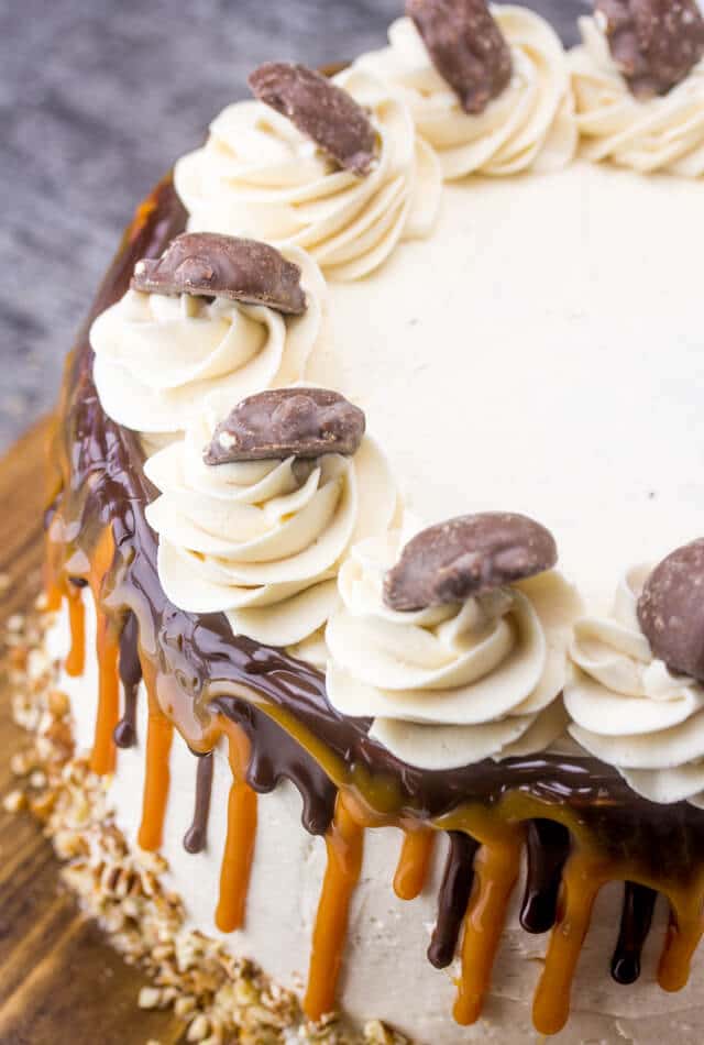 overhead view of Chocolate Turtle Cake with swirls of frosting