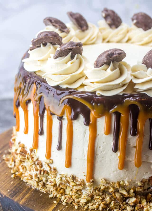 Chocolate Turtle Cake with dripping chocolate and caramel