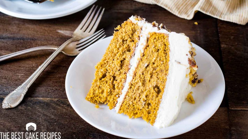 a slice of pumpkin spice cake on a plate