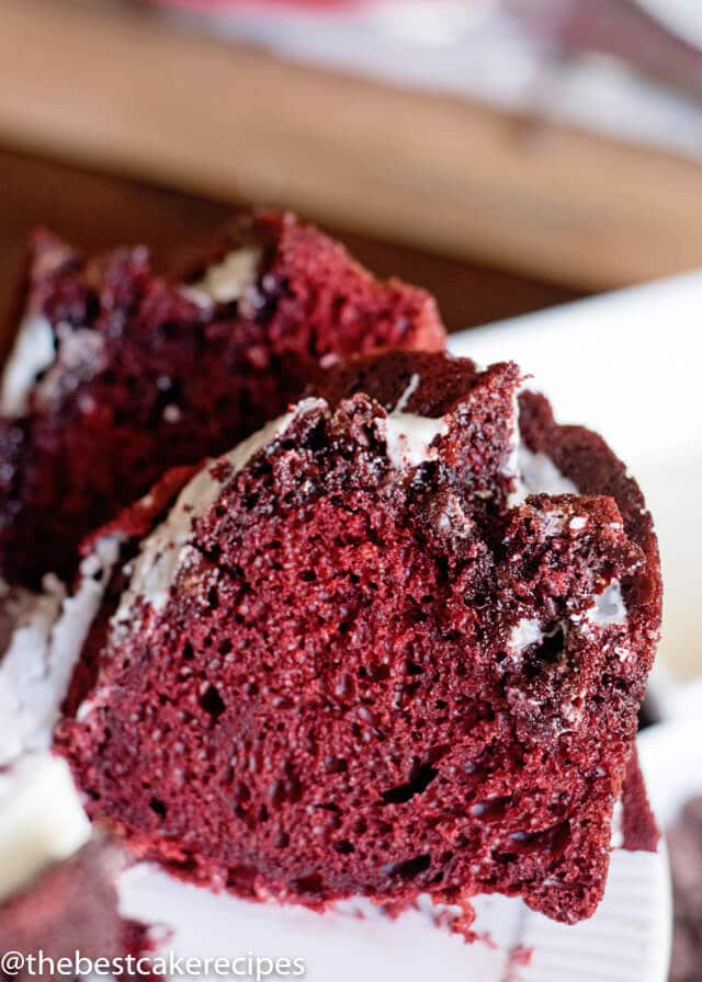 slice of red velvet bundt cake on a plate