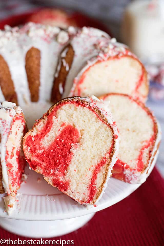 slices of peppermint bundt cake on a plate