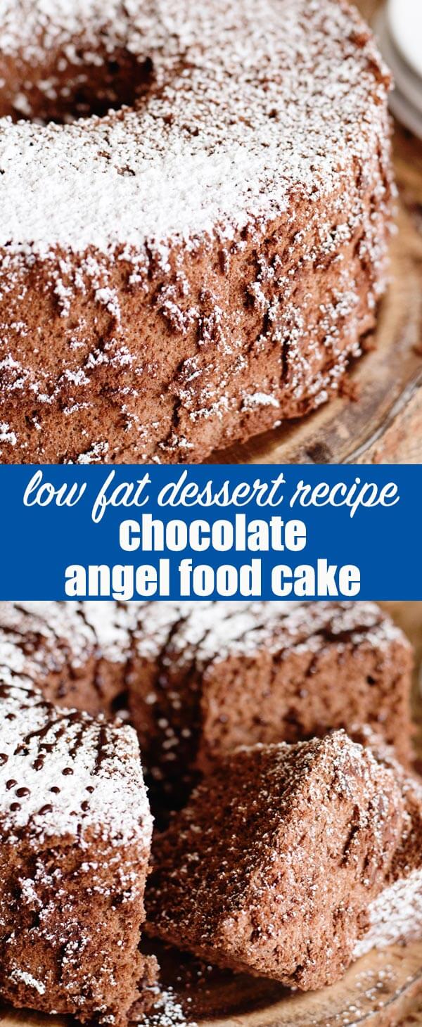 Choose this low fat cake recipe for a light, chocolate dessert! Chocolate Angel Food Cake has delicious flavor and is simply beautiful with a sprinkling of powdered sugar. #angelfood #cake #chocolate #lowfat