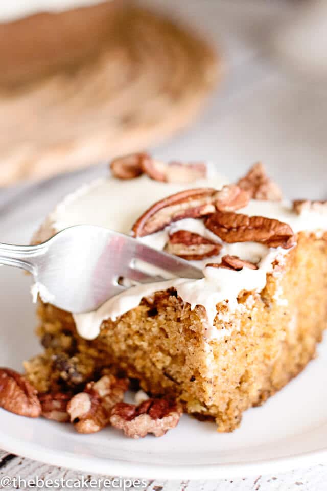 A piece of cake on a plate, with a fork