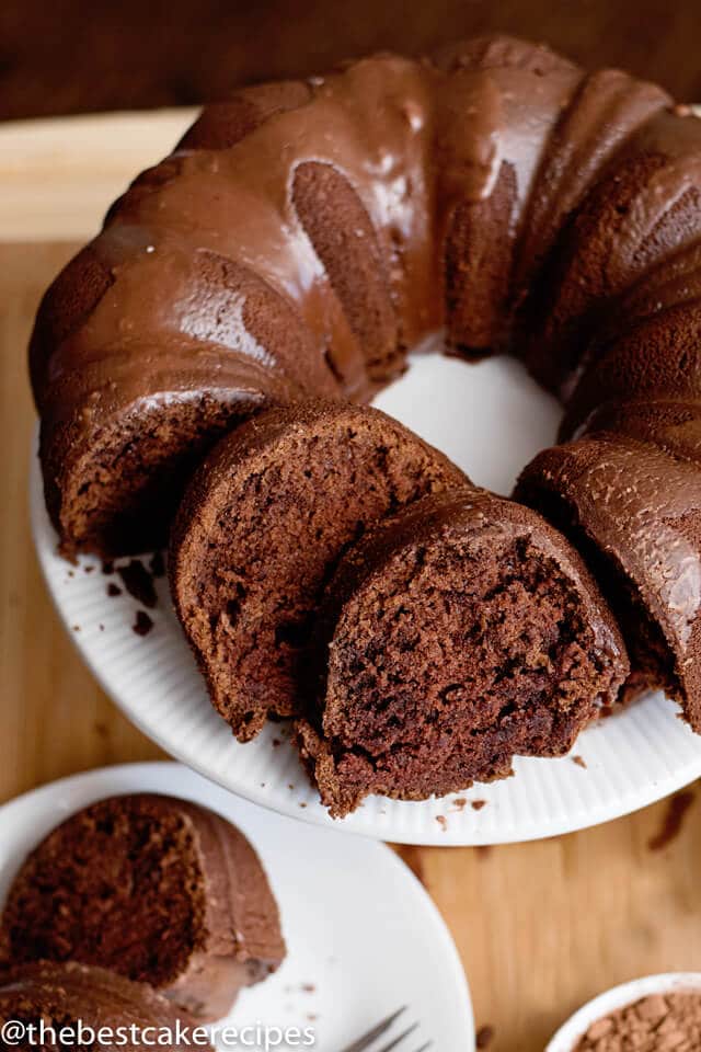 slices of chocolate bundt cake on a plate