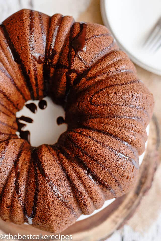 overhead view of a chocolate bundt cake