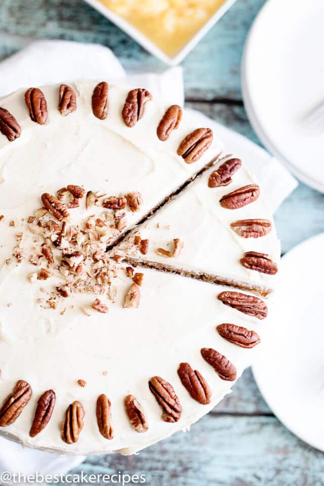 overhead view of a banana nut cake recipe with pecans