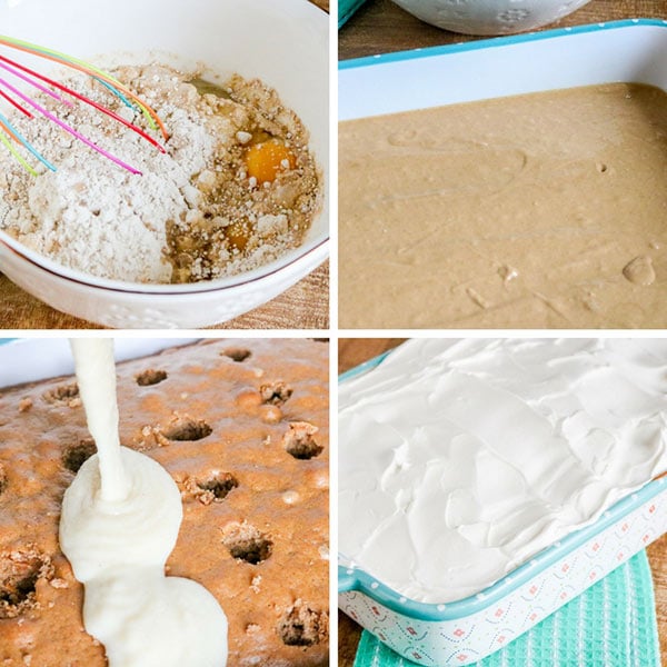 collage of how to make apple poke cake