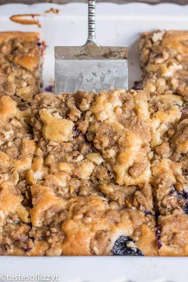 blueberry coffee cake in a baking pan