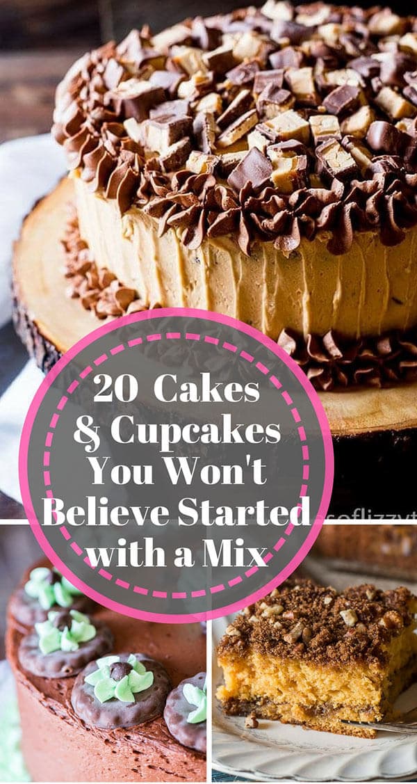 20 cakes and cupcakes you won\'t believe started with a cake mix title collage image