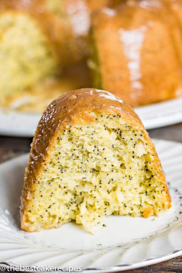 A piece of cake on a plate, with Poppy seed and Buttermilk