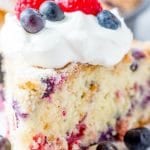A close up of a piece of cake on a plate, with Blueberries