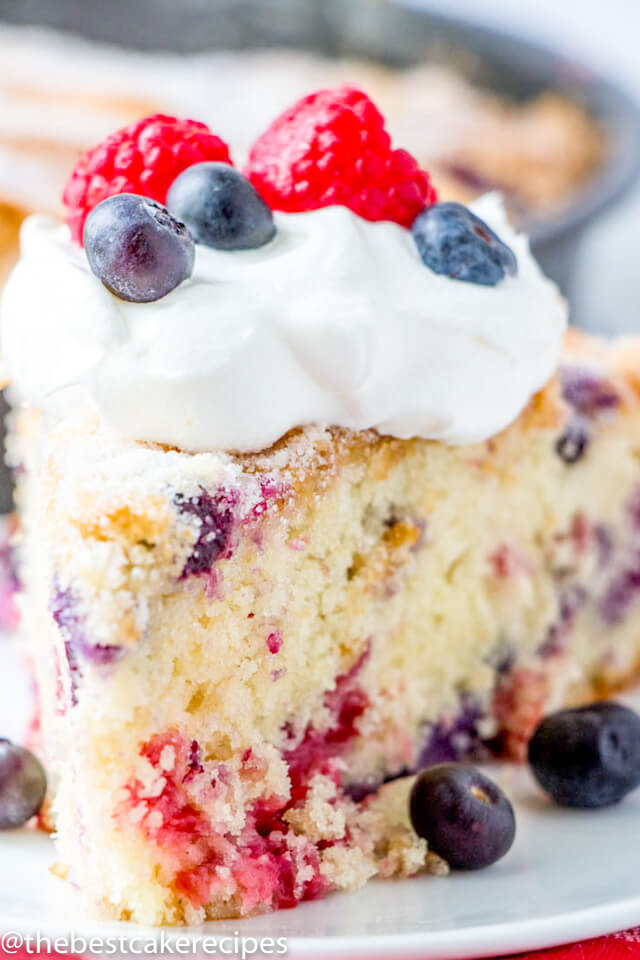 A close up of a piece of cake on a plate, with Blueberries