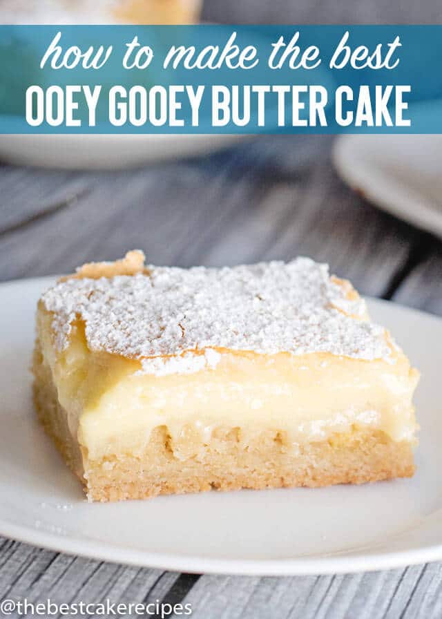 A piece of cake on a plate, gooey butter cake title image