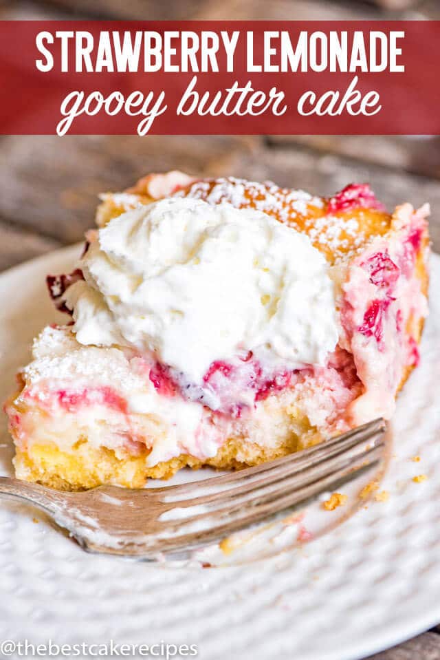 Ooey gooey butter cake never looked so good! This Strawberry Lemonade Gooey Butter Cake uses fresh strawberries and is a delicious summer dessert.