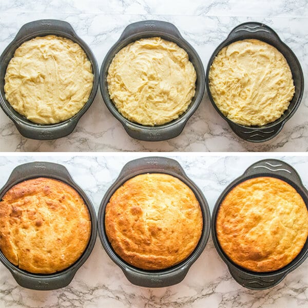 3 white cakes in baking pans
