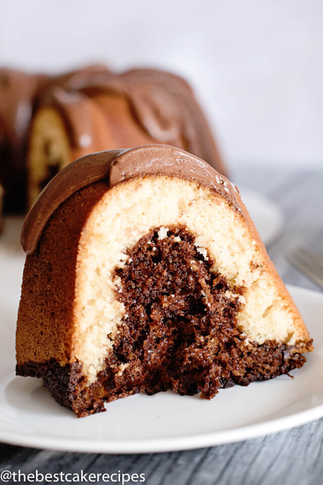chocolate and vanilla bundt cake on a plate