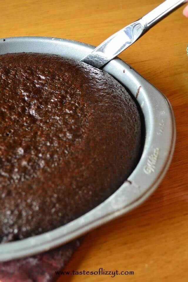 chocolate cake in a round cake pan