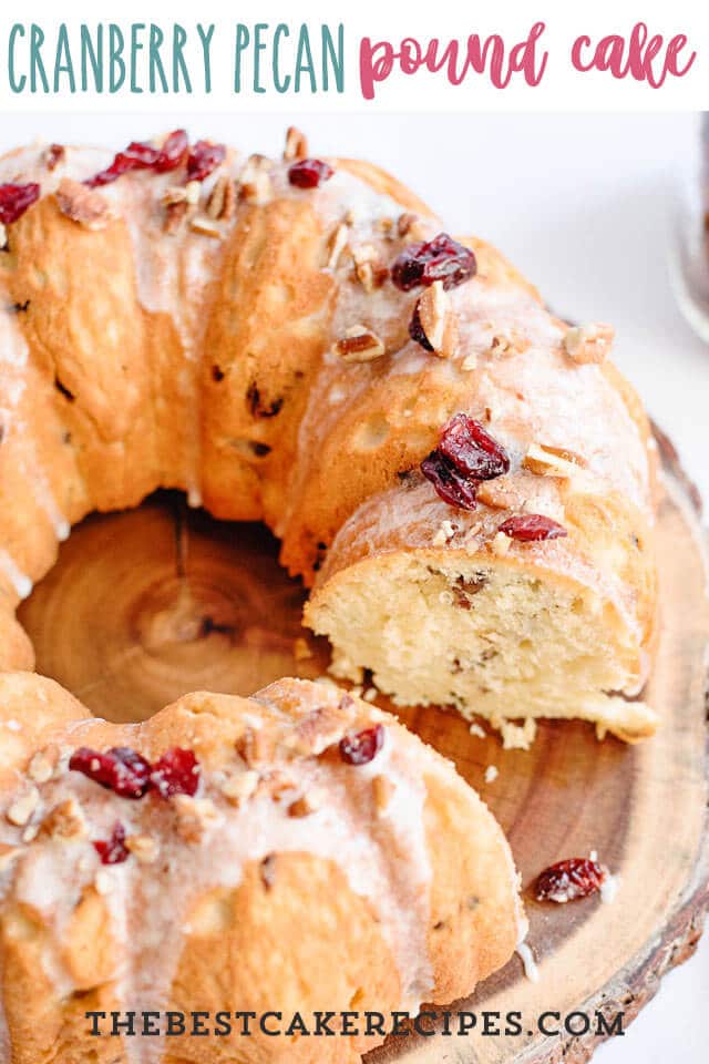 cranberry pecan pound cake with one piece missing