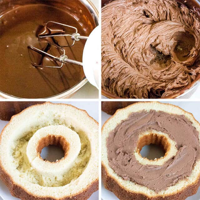 4 image collage of how to make chocolate ganache filled cake