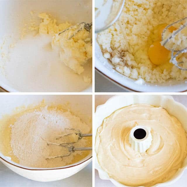 4 image collage of how to make yellow cake