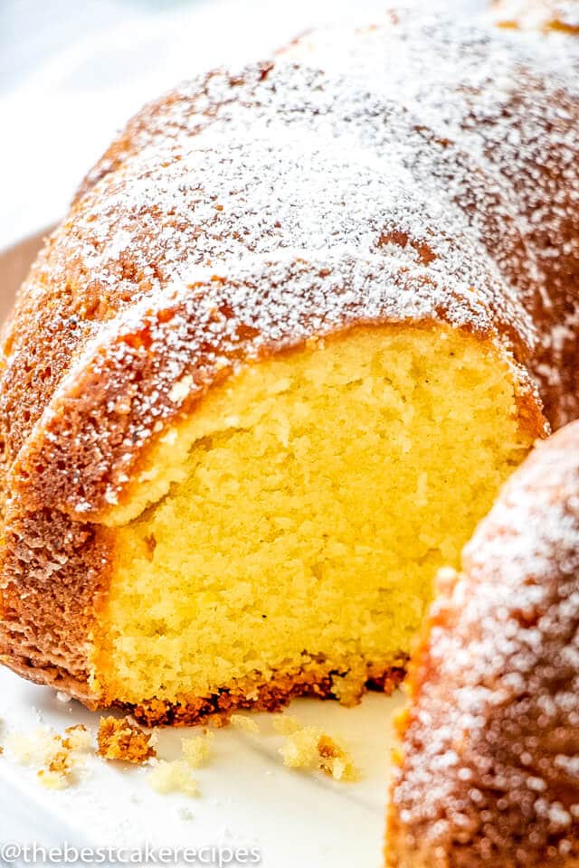 german butter pound cake with one piece missing