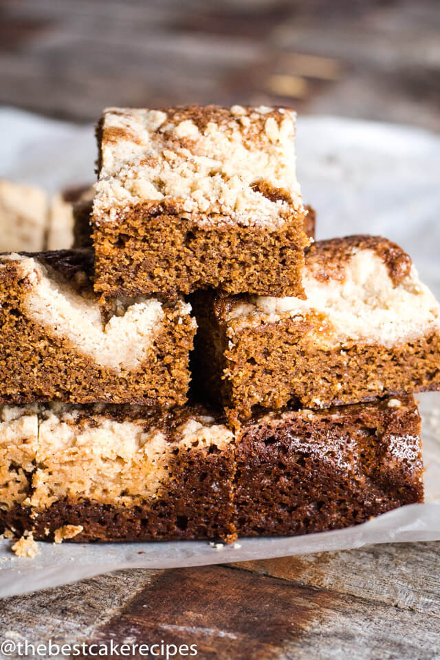 stack of gingerbread snack cake on parchment paper