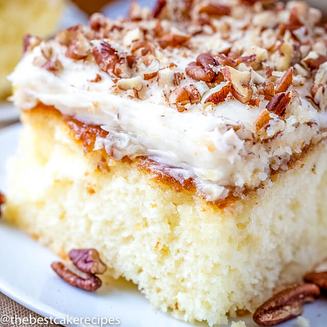 white cake with pineapple pecan topping