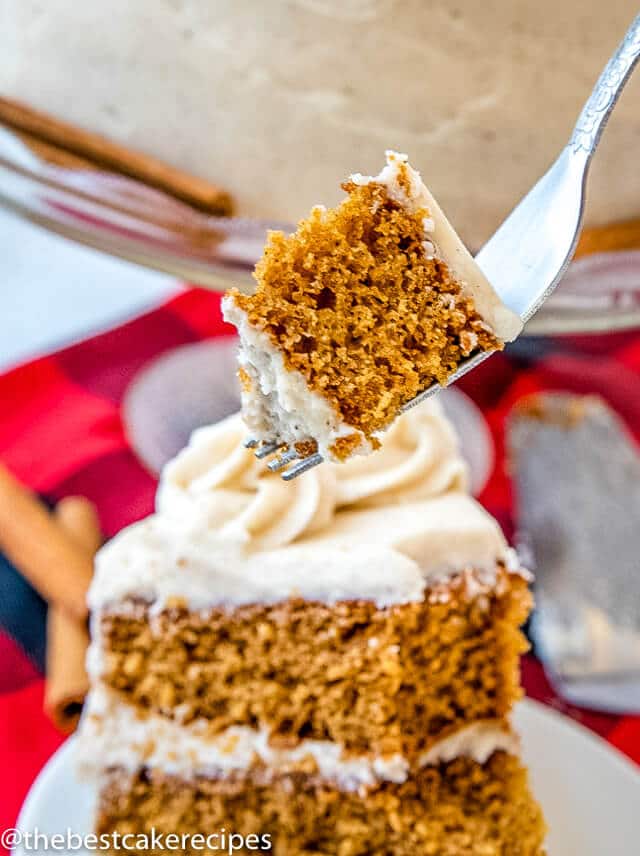 homemade spice cake with a bite on a fork