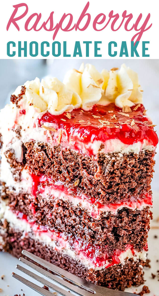three layer chocolate raspberry cake slice on a plate title image