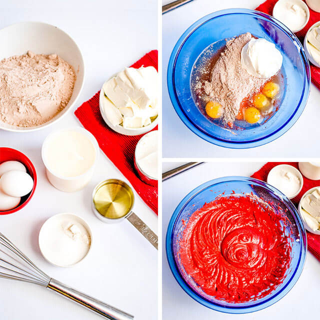 collage of mixing red velvet cake batter with cake mix