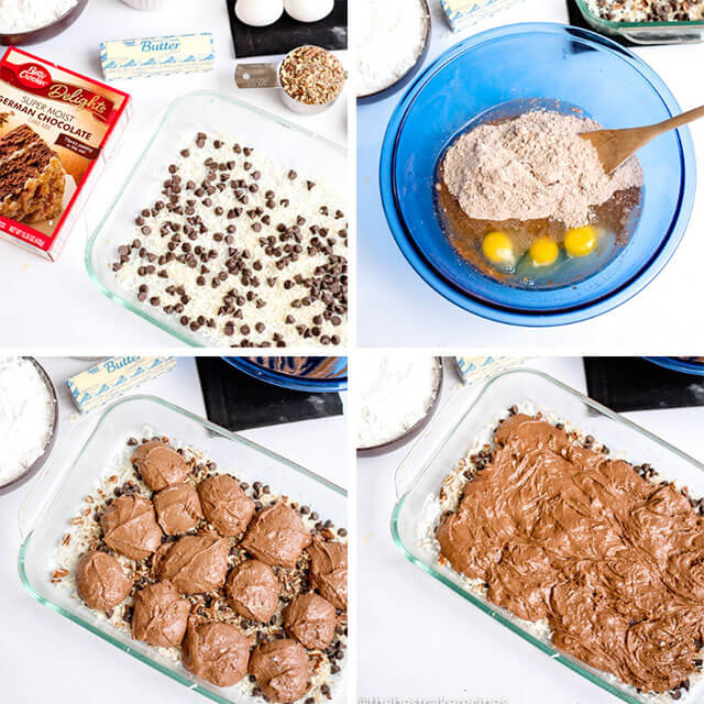 collage of how to make german chocolate earthquake cake
