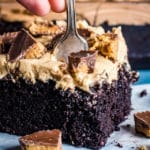 fork digging into a chocolate cake with peanut butter frosting