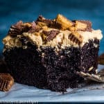 chocolate cake with peanut butter frosting with a fork