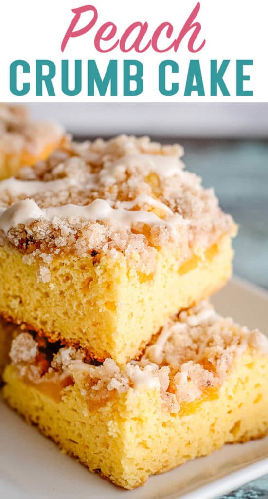 closeup of peach crumb cake with title
