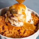 Peanut Butter Pudding Cake with ice cream and caramel