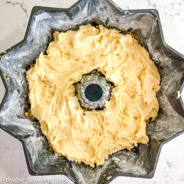 cake batter in a bundt cake pan