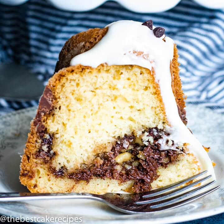 Chocolate Chip Bundt Cake on a plate with a fork