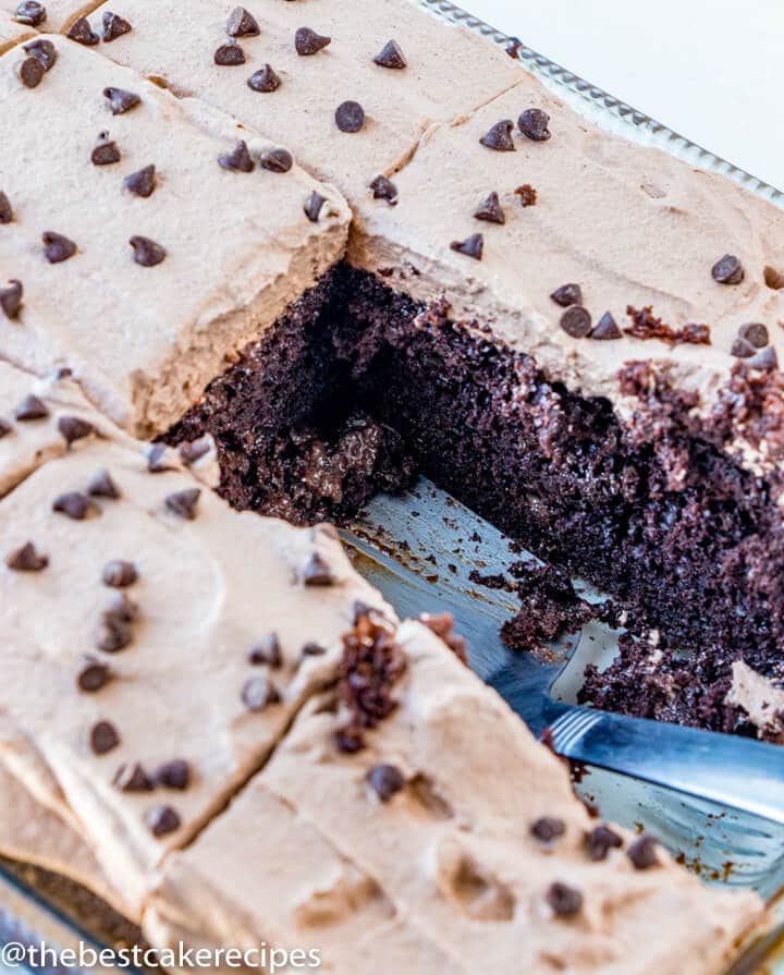 Chocolate Tres Leches Cake in a 9x13 pan with two slices missing