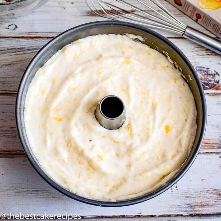 unbaked pineapple angel food in a cake pan